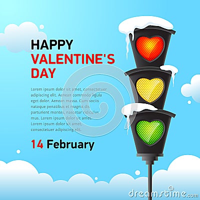 Traffic light in ice icicles and heart-shaped light bulbs against the blue sky. Vector Illustration